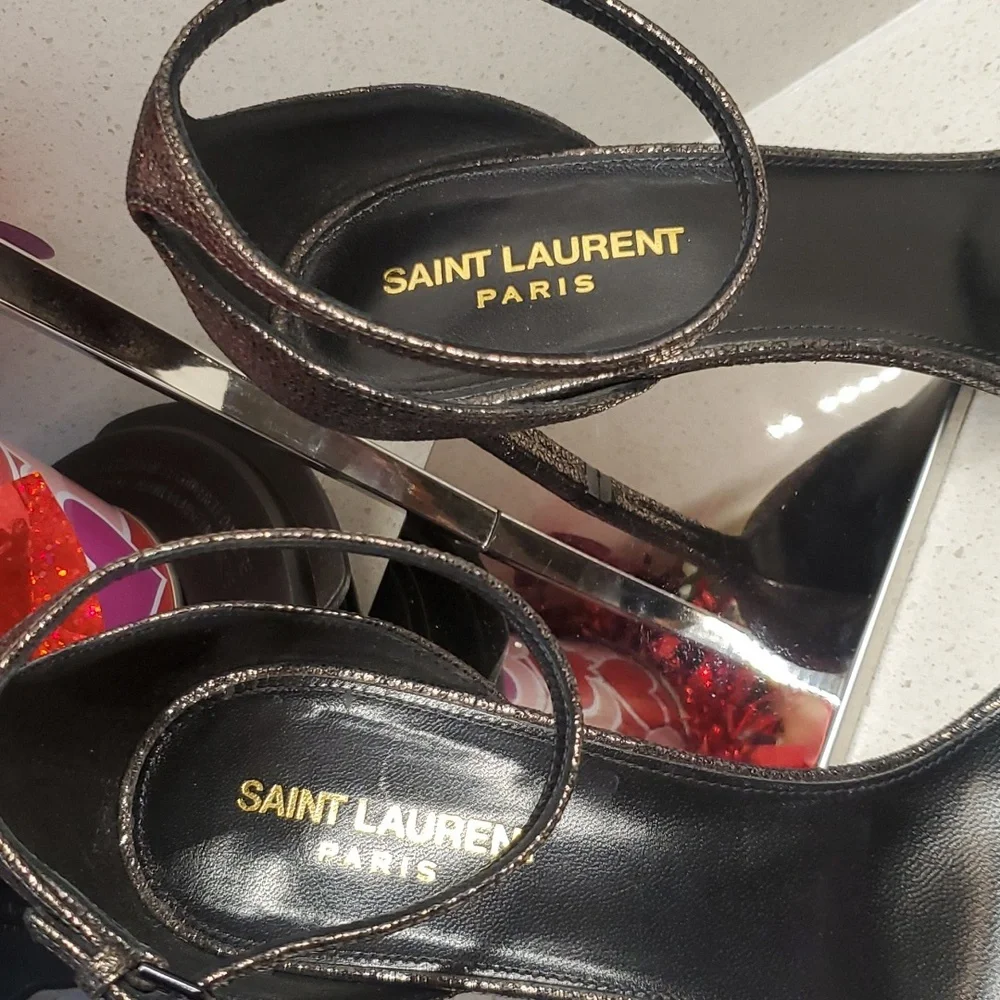 YSL shiny black-silver heeled sandals (sz 40) - Picture 4 of 11